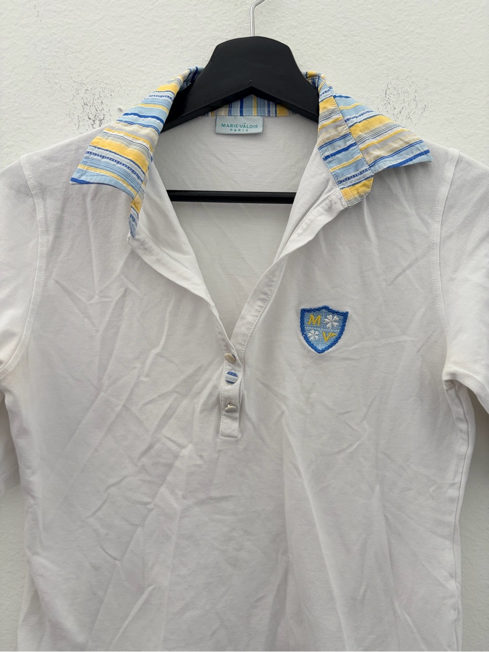 Marie Valouis White Polo Shirt with Blue & Yellow Stripe Collar -